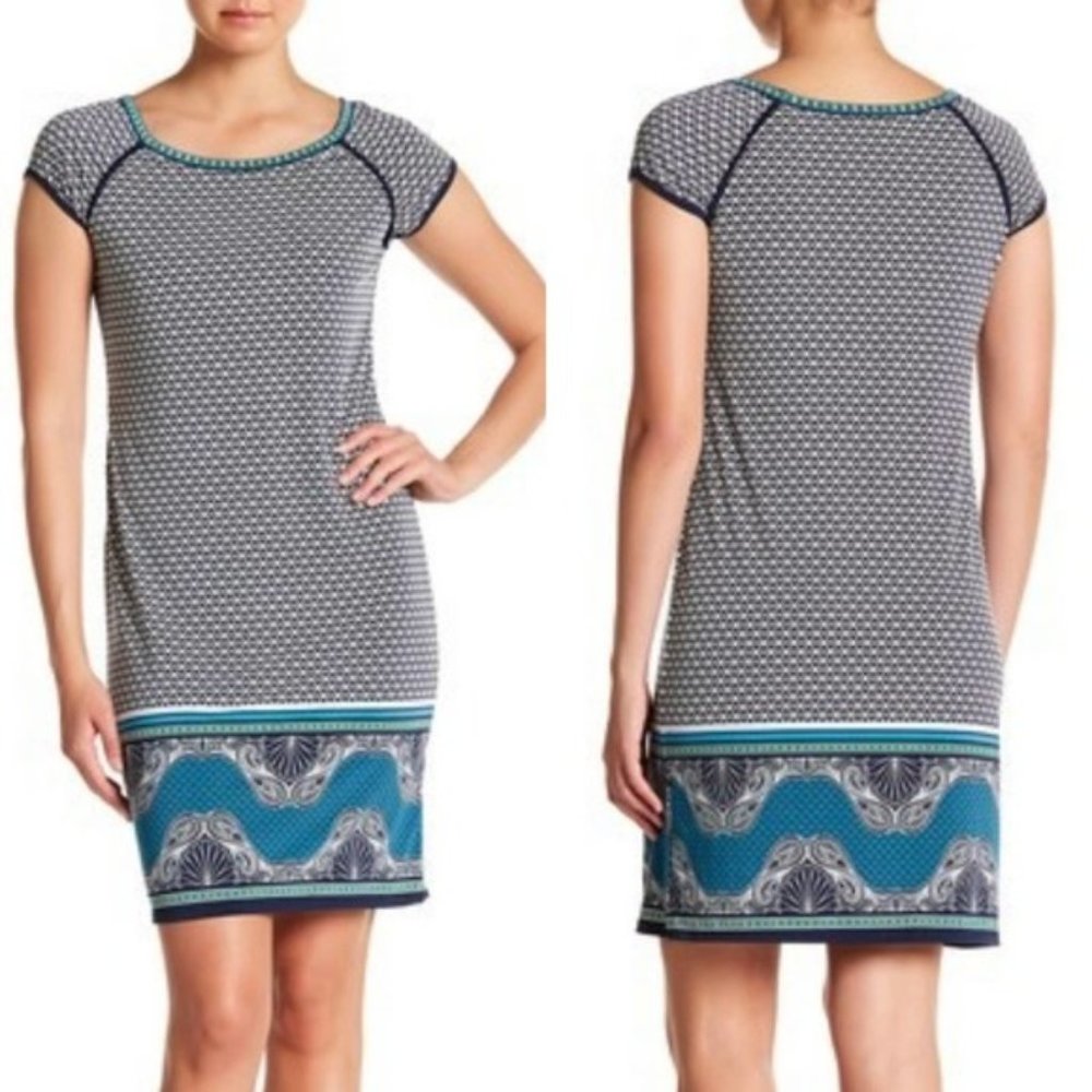 Max Studio Cap Sleeve Shift Midi Handkerchief Geo Print Dress Small